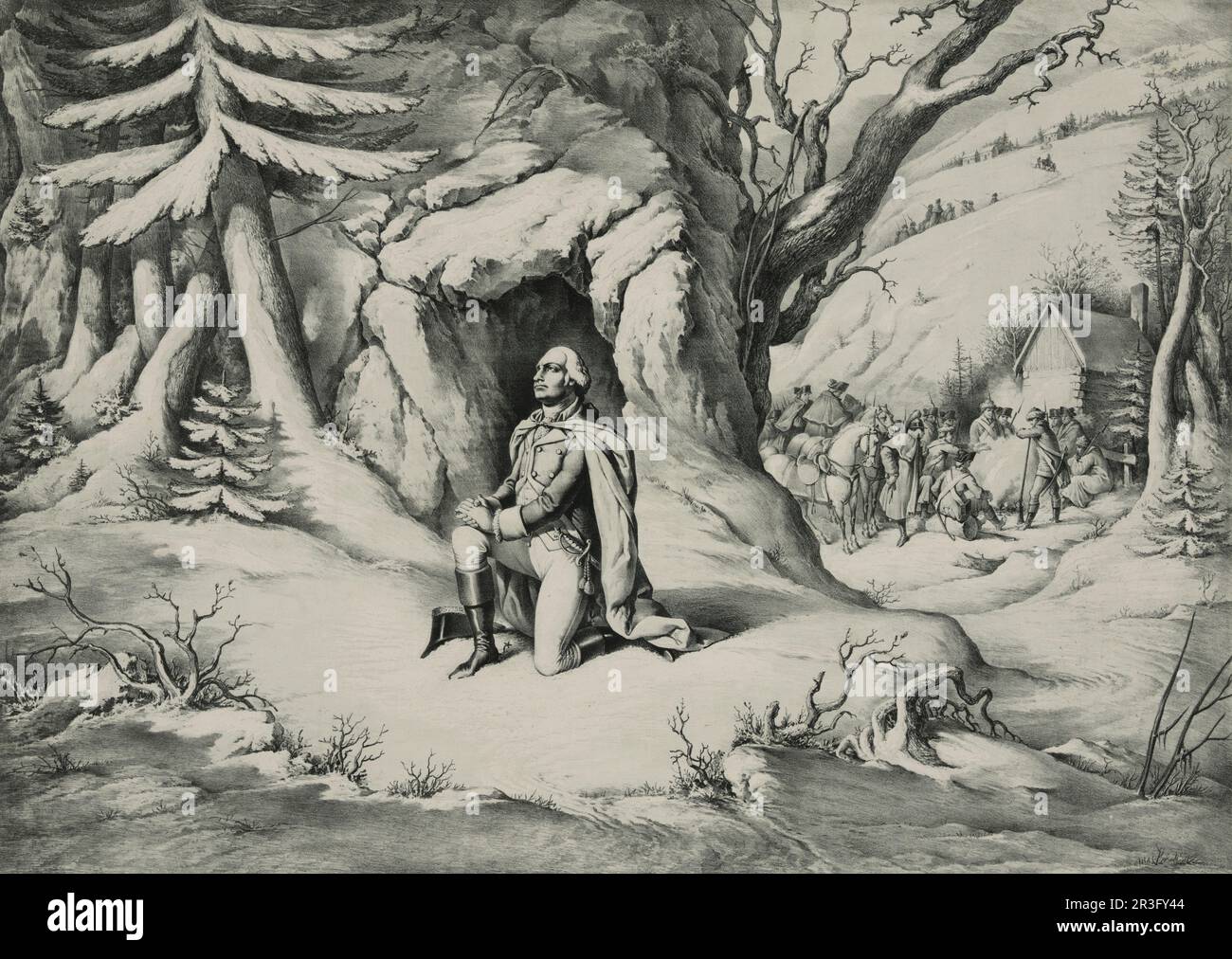 Vintage print of General George Washington praying in the snow at Valley Forge, Pennsylvania. Stock Photo