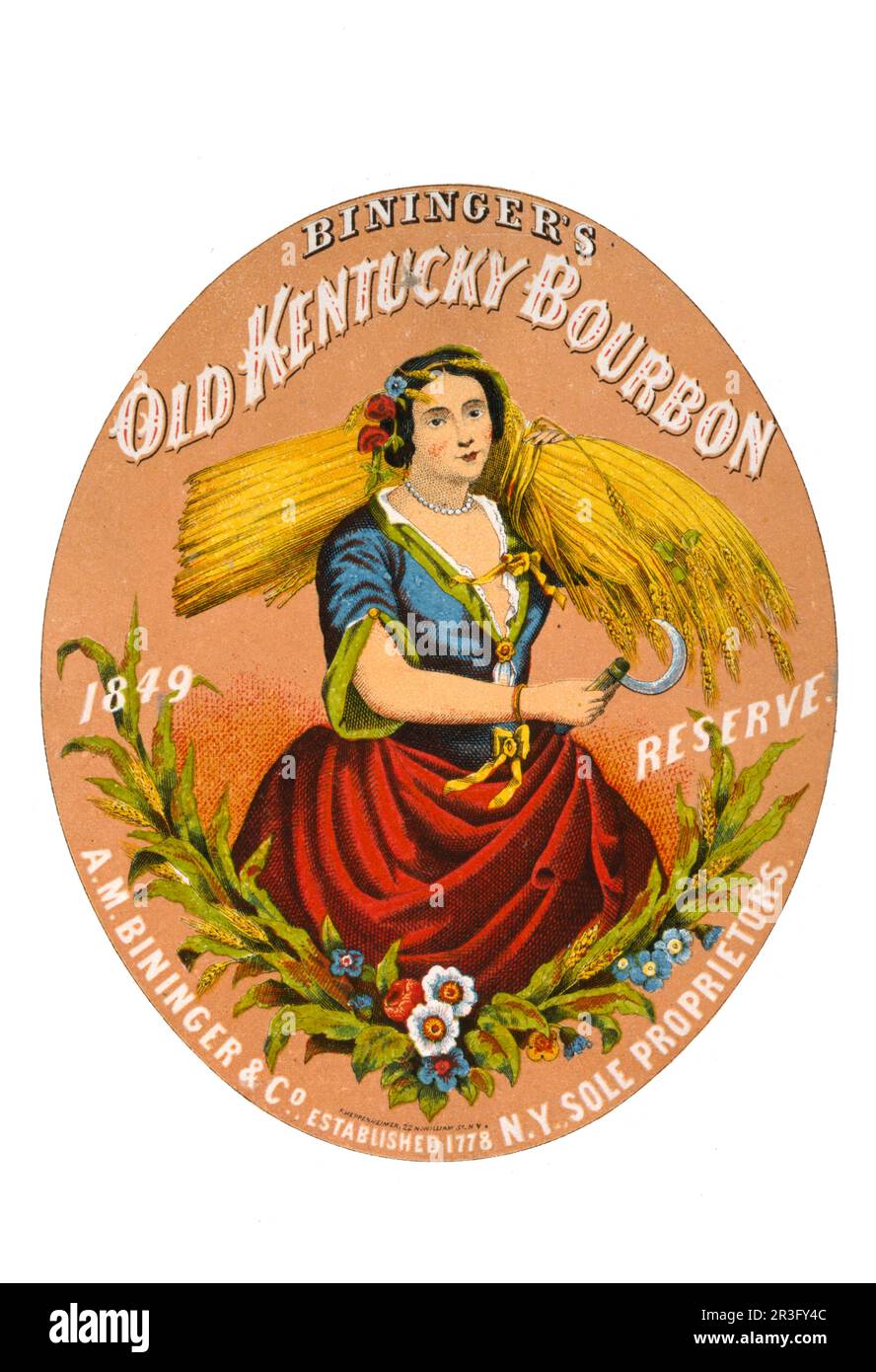 Whiskey advertising label showing woman carrying bundle of grain, circa 1860. Stock Photo