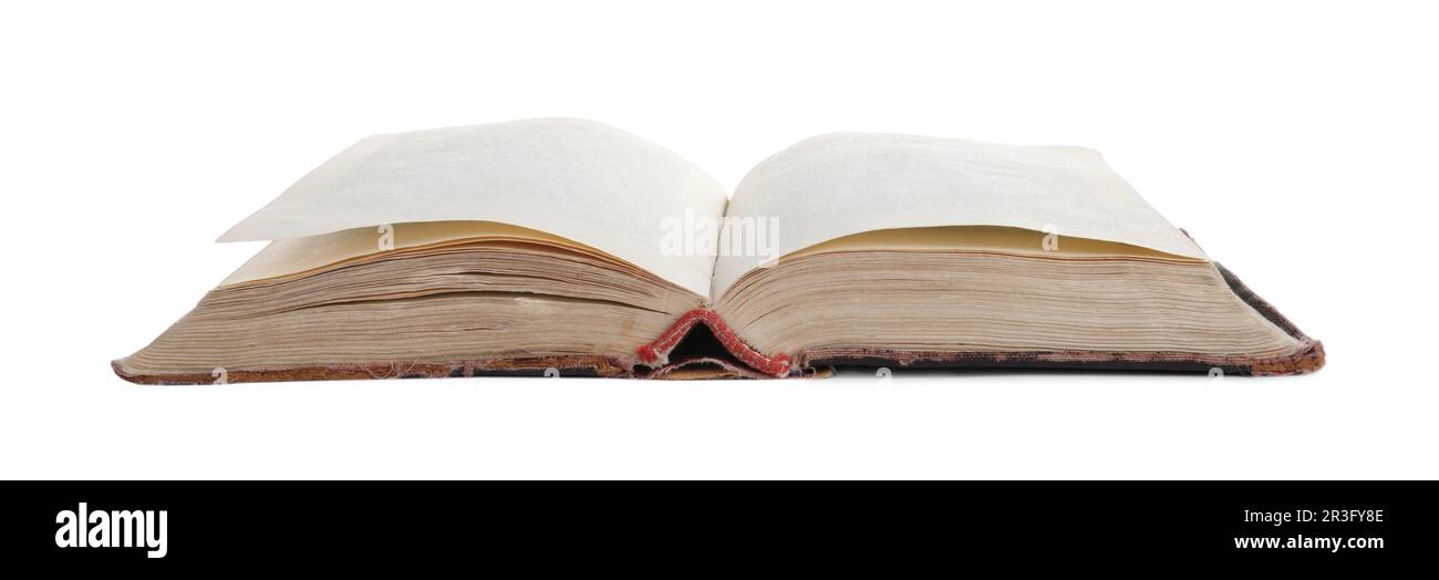 Old open hardcover book isolated on white Stock Photo - Alamy