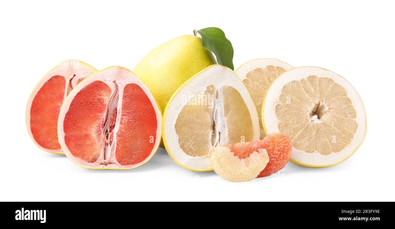 Cut and whole fresh pomelo fruits on white background Stock Photo