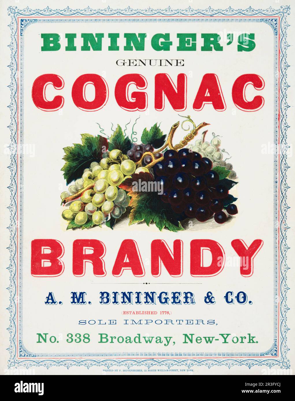 Vintage advertisement for Bininger's cognac brandy. Stock Photo