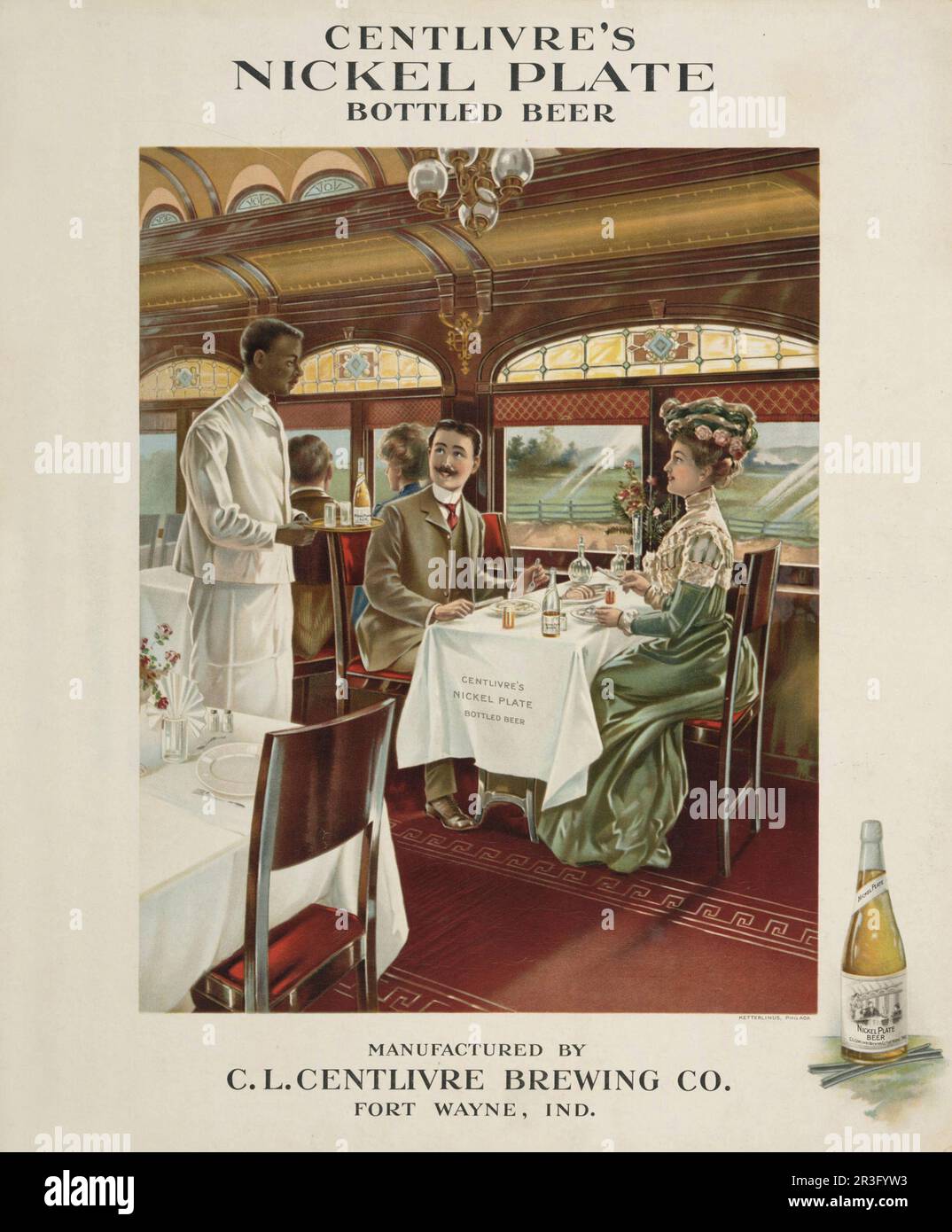 Vintage advertisement for Centlivre's Nickel Plate bottled beer, showing a couple dining in a railroad train dining car. Stock Photo