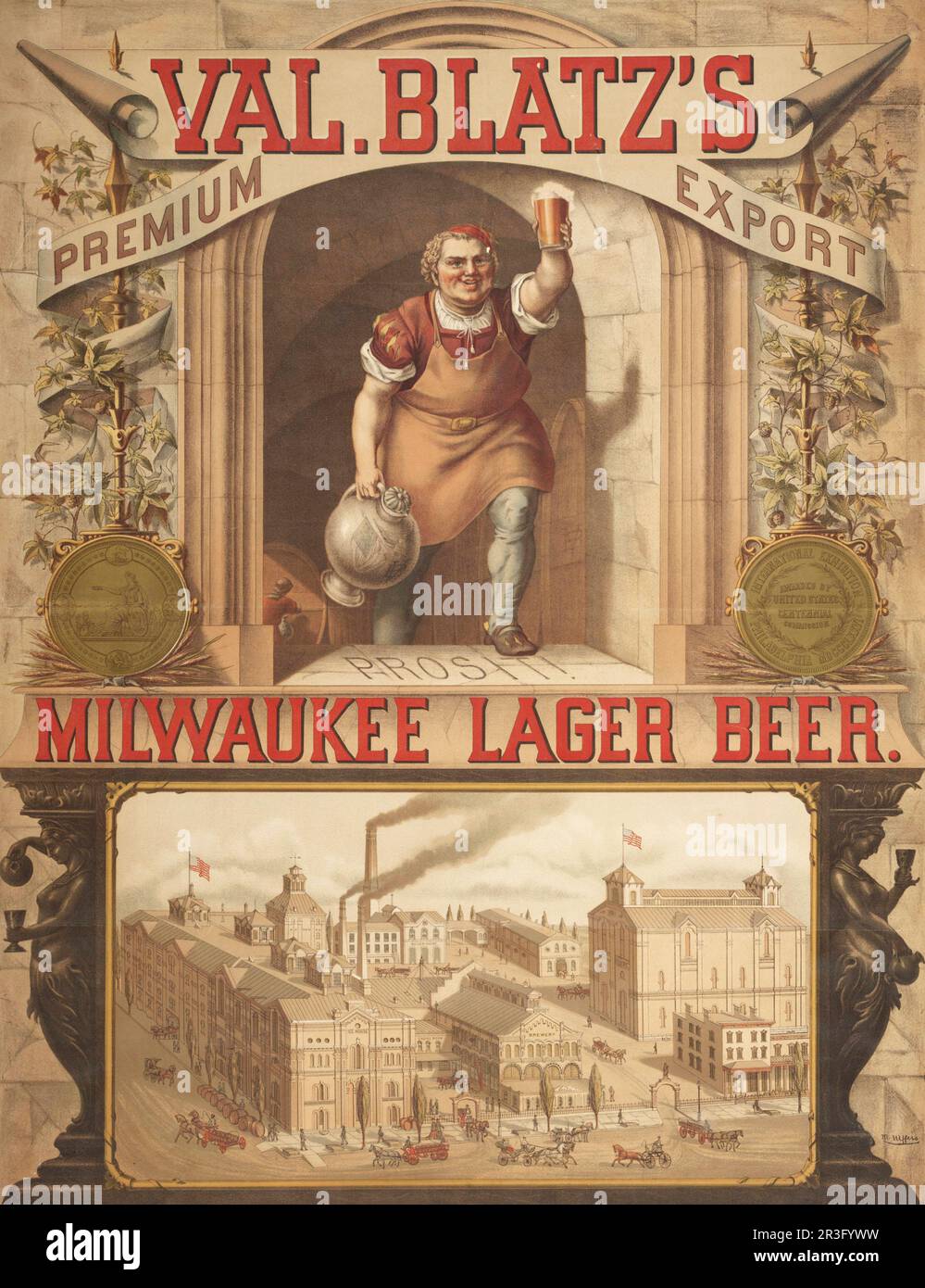Vintage advertisement for Val. Blatz's premium export Milwaukee lager beer. Stock Photo