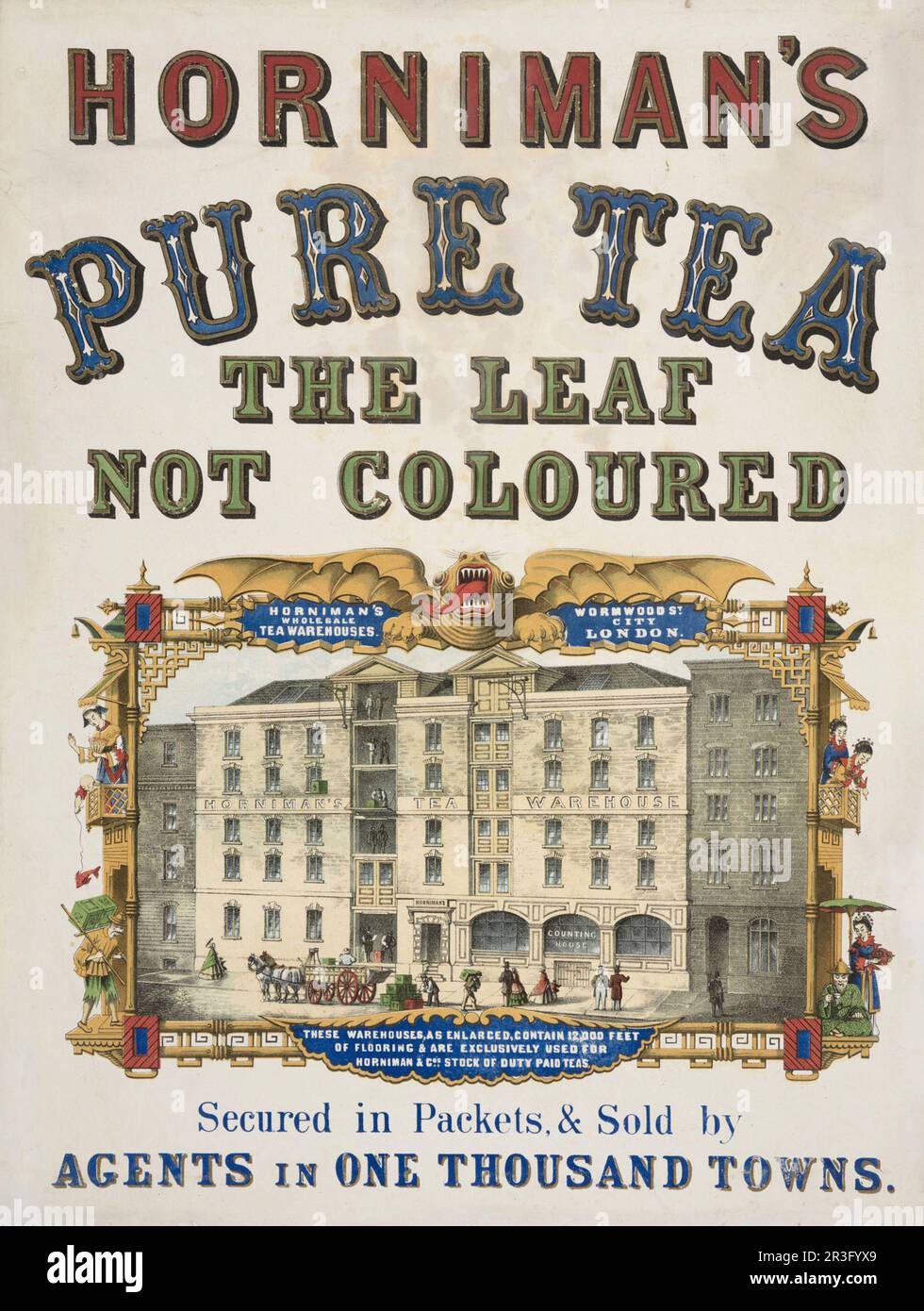 Vintage advertisement for Horniman's Pure Tea, with a view of the storefront of Horniman's Tea Warehouse. Stock Photo