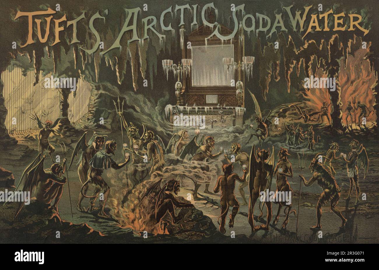Vintage advertisement for Tufts' Arctic Soda Water. Devils and demons in a fiery hell gather around a large bar. Stock Photo