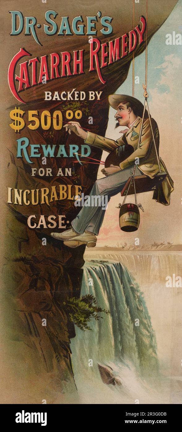 A man painting the letters of an advertisement for Dr. Sage's catarrh remedy on a cliff above Niagara Falls. Stock Photo