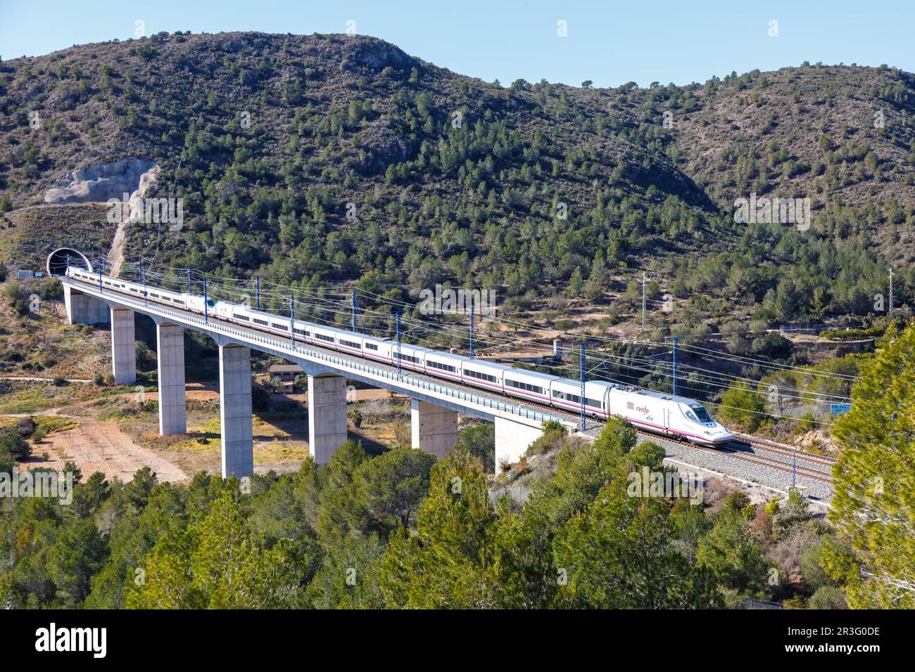 Talgo 350 high-speed train of RENFE on the Madrid - Barcelona line near ...