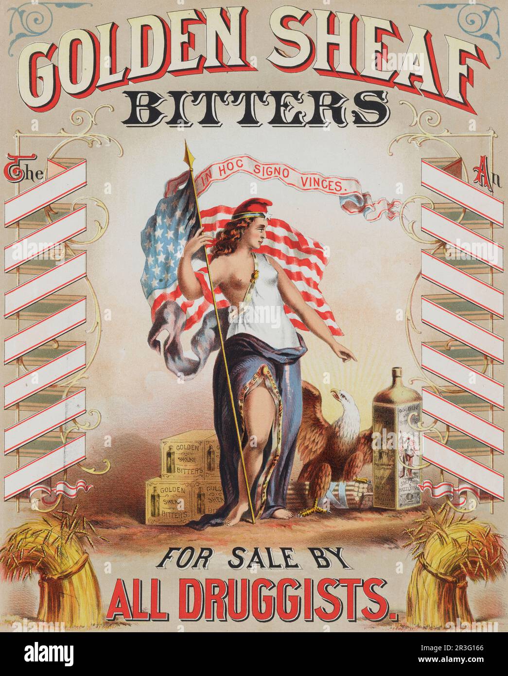 Vintage advertisement for Golden Sheaf Bitters featuring goddess Columbia with an American flag. Stock Photo