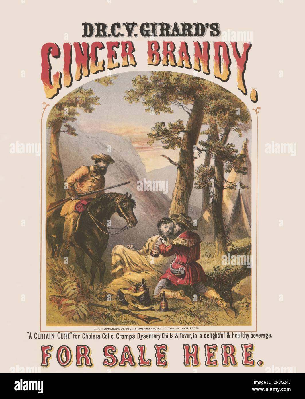 Two frontiersmen giving some of ginger brandy to a sick man leaning against a tree. Stock Photo