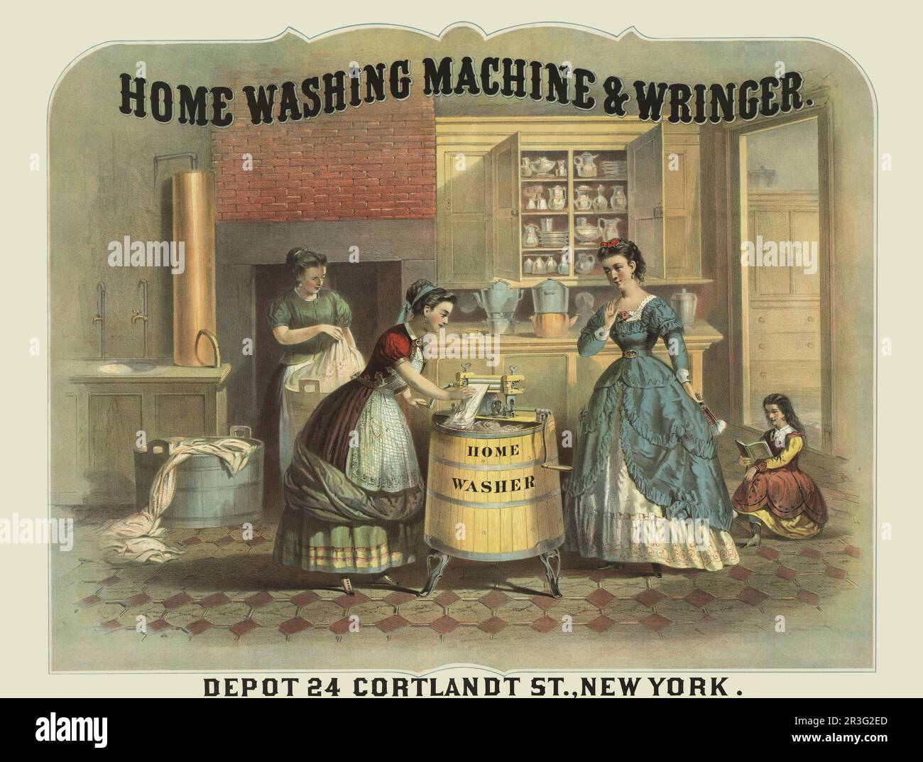 Vintage advertisment for home washing machine and wringer. Stock Photo