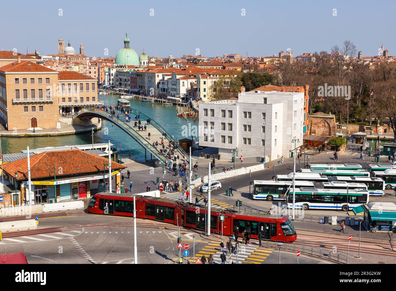 Streetcar on rubber wheels Tram Venezia and bus station at Piazzale Roma in Venice, Italy Stock Photo