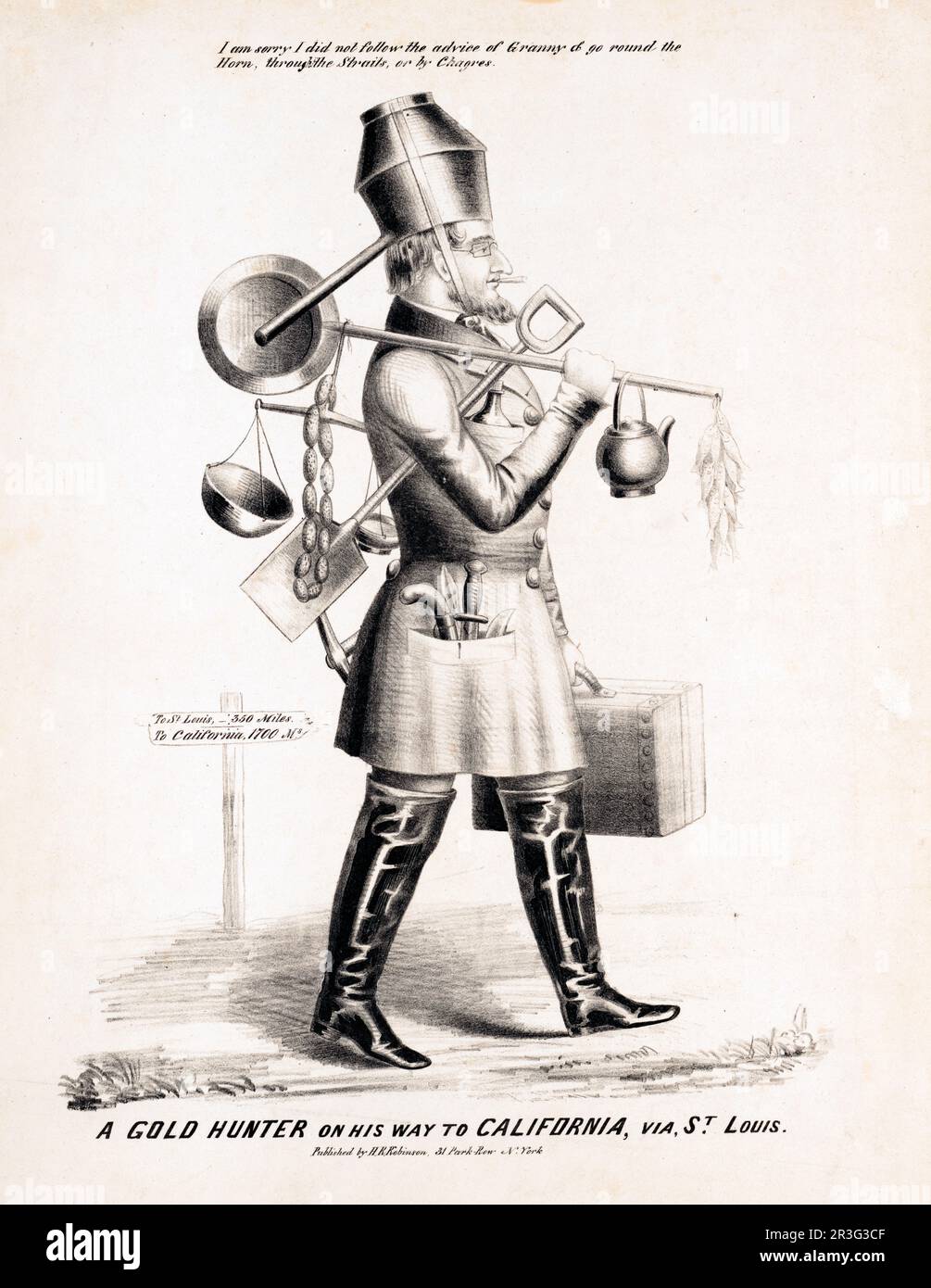 A gold hunter on his way to California, via St. Louis, depicting a man carrying a shovel, pans and a pick axe. Stock Photo