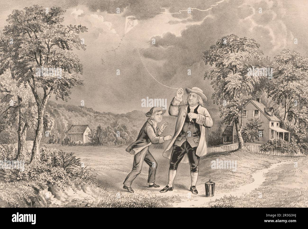 Franklin's experiment, June 1752, demonstrating the identity of lightning and electricty. Stock Photo
