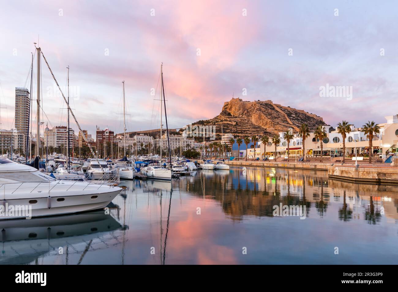 Port of Alicante in the evening Port d'Alacant Marina with boats and ...