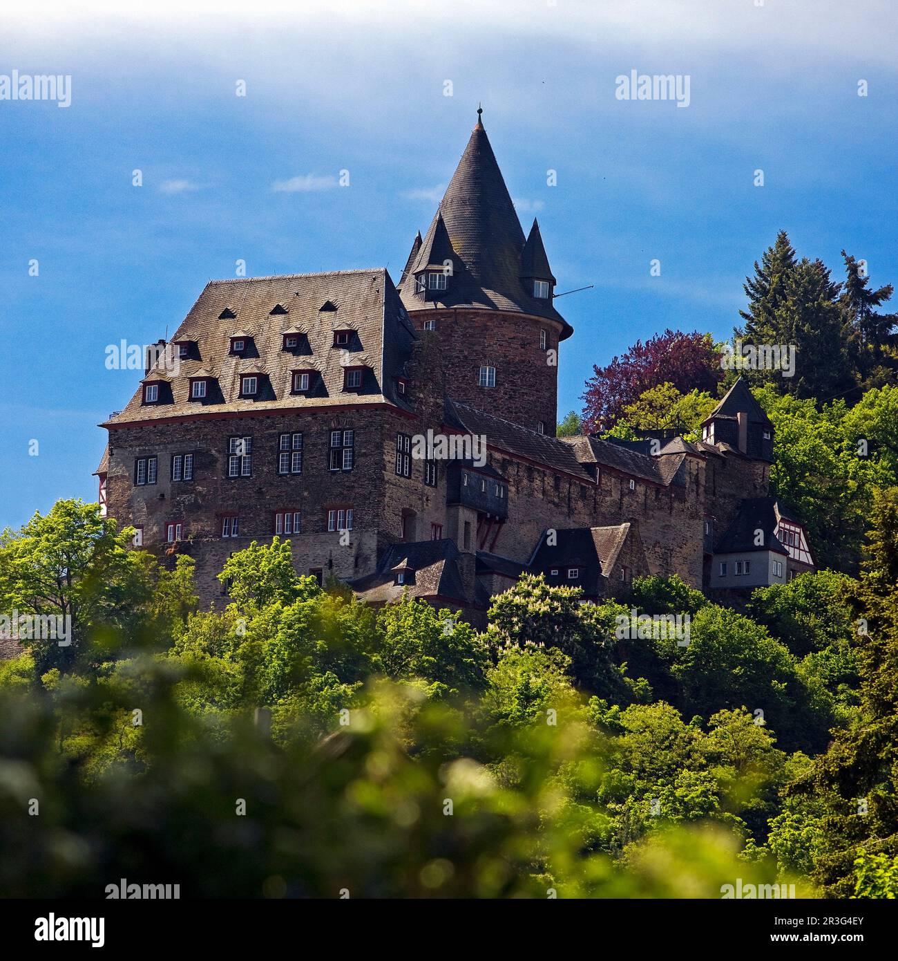 Stahleck Castle, UNESCO World Heritage Site and now a youth hostel, Bacharach, Germany, Europe Stock Photo