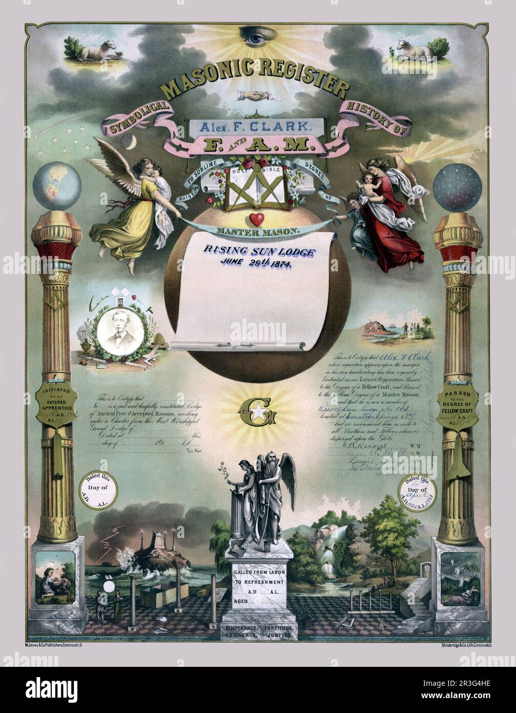 Graphic print of a certificate for membership in a masonic order. Stock Photo