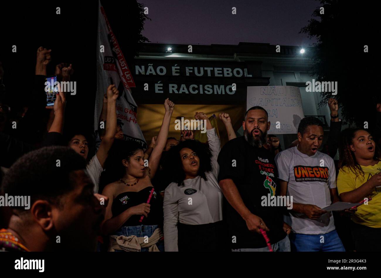 Sao Paulo, Brazil. 23rd May, 2023. Demonstrators from anti-racist social movements gather in front of the Spanish Consulate General to protest the racist attacks on Real Madrid's Brazilian player Vinicius Junior. Credit: Allison Sales/dpa/Alamy Live News Stock Photo