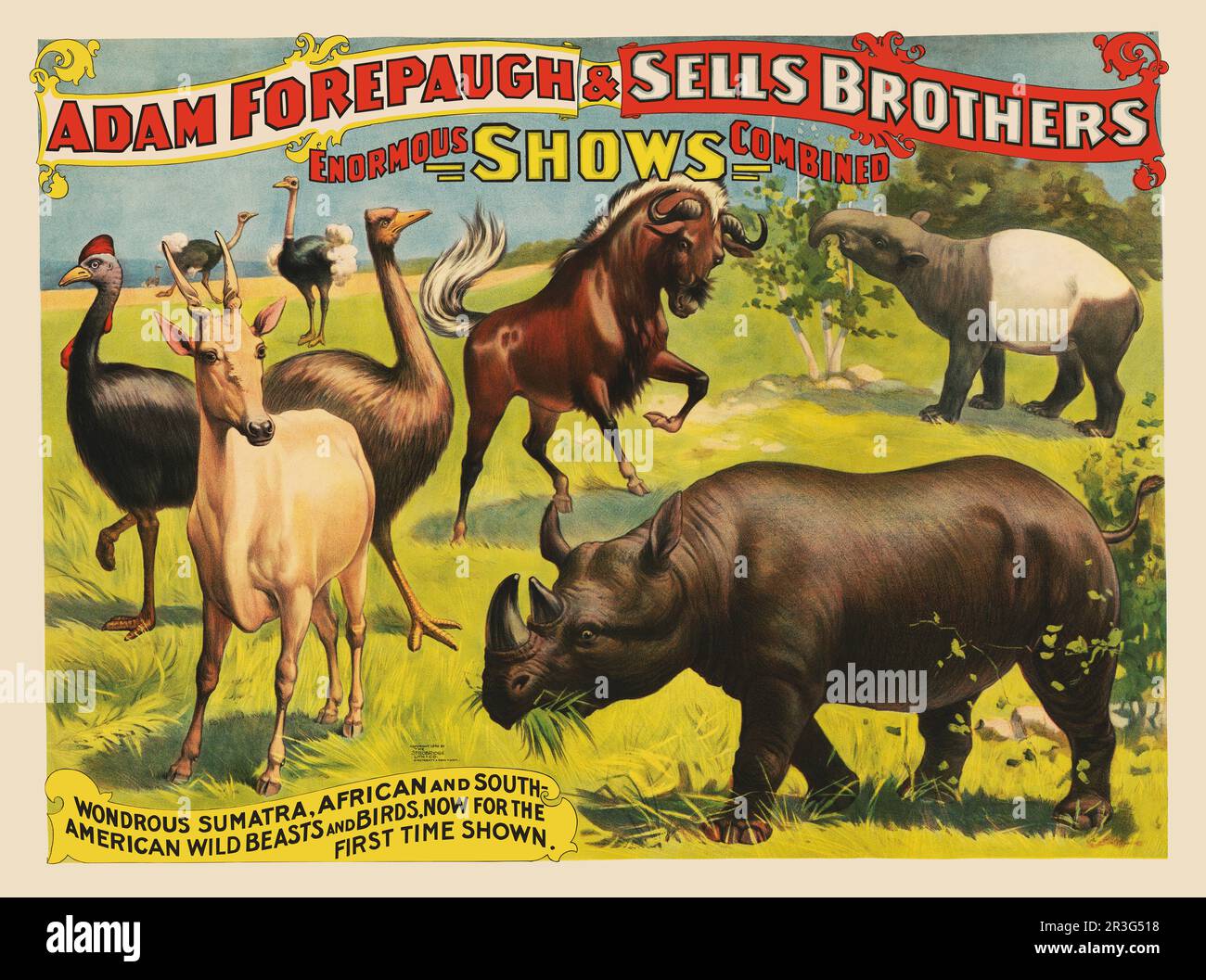 Vintage circus poster for Adam Forepaugh & Sells Brothers enormous shows combined. Stock Photo