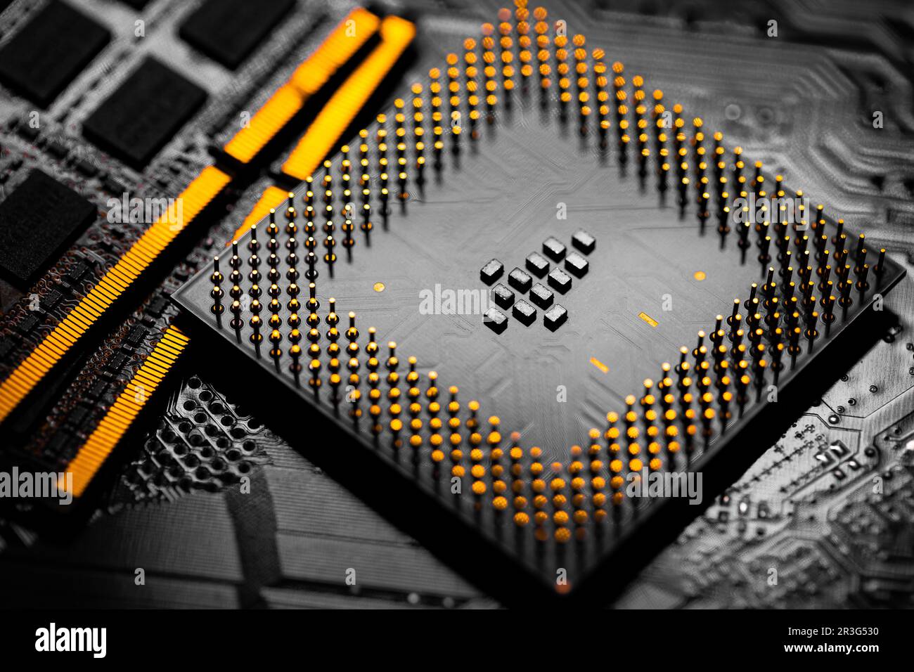 Close up of RAM Memory and pins on Main CPU PC processor circuit board. Stock Photo