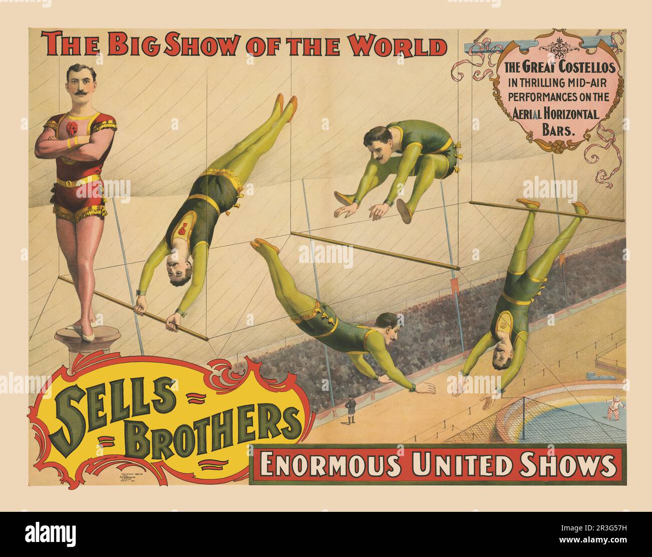 Vintage Sells Brothers circus poster showing men performing on high-wire horizontal bars, circa 1895. Stock Photo