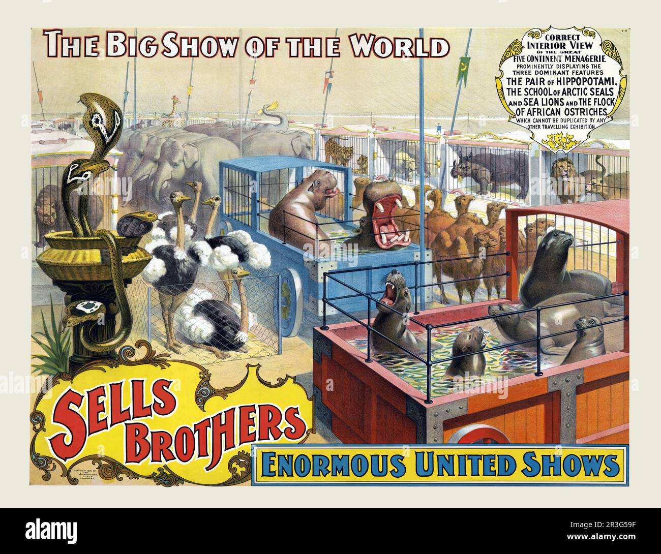 Vintage Sells Brothers circus poster showing various wild animals in cages, circa 1895. Stock Photo