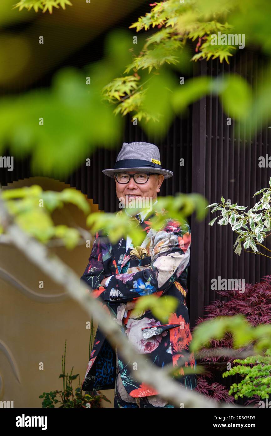 London, UK, 22nd May 2023, Chelsea Flower Show begins on 23rd May 2023. This year's theme is the restorative power of gardens and gardening, both for people and the environment. Kazuyuki Ishihara designed a Japanese style garden called The Biophilic Garden Otsu – Hanare. The garden won a Gold medal at the Chelsea Flower Show 2023. Hanare means an outbuilding in Japanese with biophilia, the human tendency to be associated with other forms of life in nature., Andrew Lalchan Photography/Alamy Live News Stock Photo