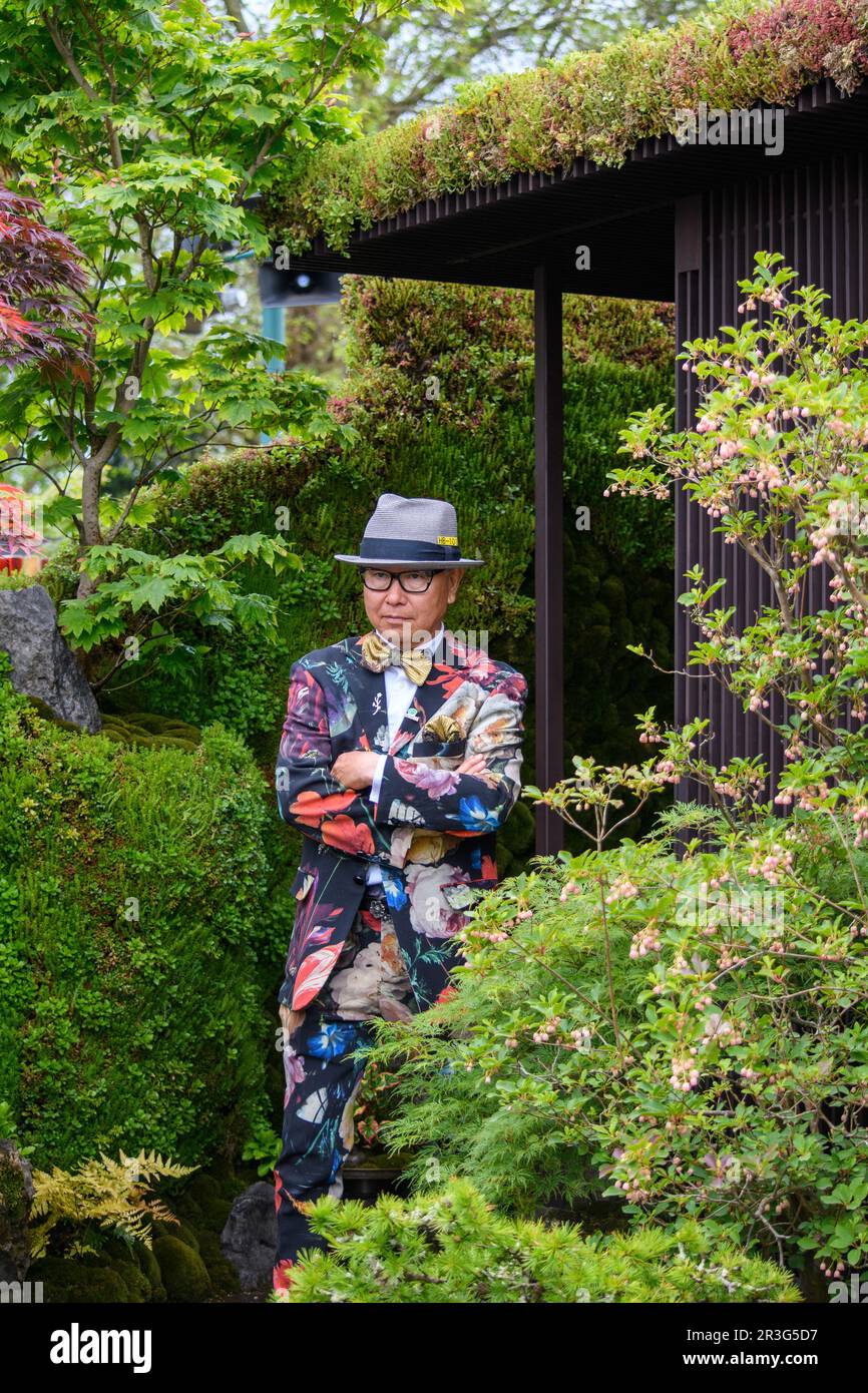 London, UK, 22nd May 2023, Chelsea Flower Show begins on 23rd May 2023. This year's theme is the restorative power of gardens and gardening, both for people and the environment. Kazuyuki Ishihara designed a Japanese style garden called The Biophilic Garden Otsu – Hanare. The garden won a Gold medal at the Chelsea Flower Show 2023. Hanare means an outbuilding in Japanese with biophilia, the human tendency to be associated with other forms of life in nature., Andrew Lalchan Photography/Alamy Live News Stock Photo