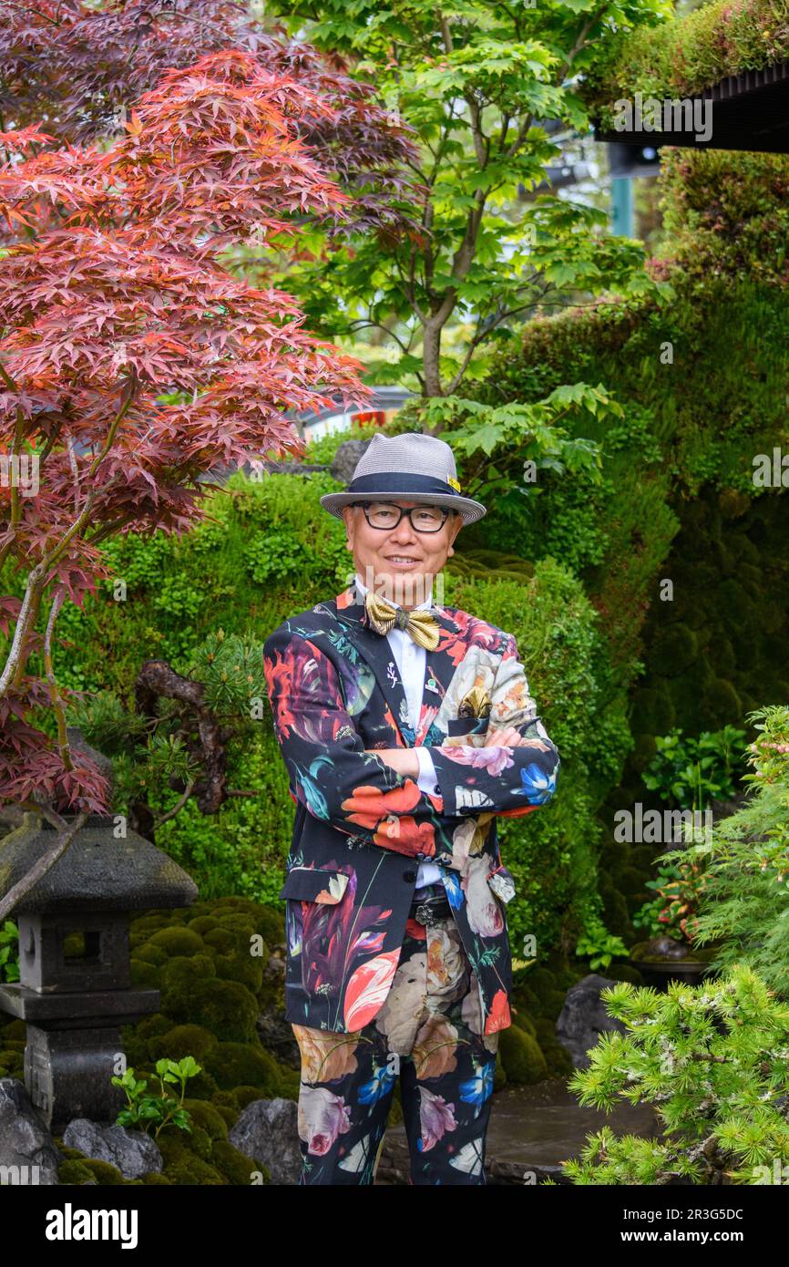 London, UK, 22nd May 2023, Chelsea Flower Show begins on 23rd May 2023. This year's theme is the restorative power of gardens and gardening, both for people and the environment. Kazuyuki Ishihara designed a Japanese style garden called The Biophilic Garden Otsu – Hanare. The garden won a Gold medal at the Chelsea Flower Show 2023. Hanare means an outbuilding in Japanese with biophilia, the human tendency to be associated with other forms of life in nature., Andrew Lalchan Photography/Alamy Live News Stock Photo