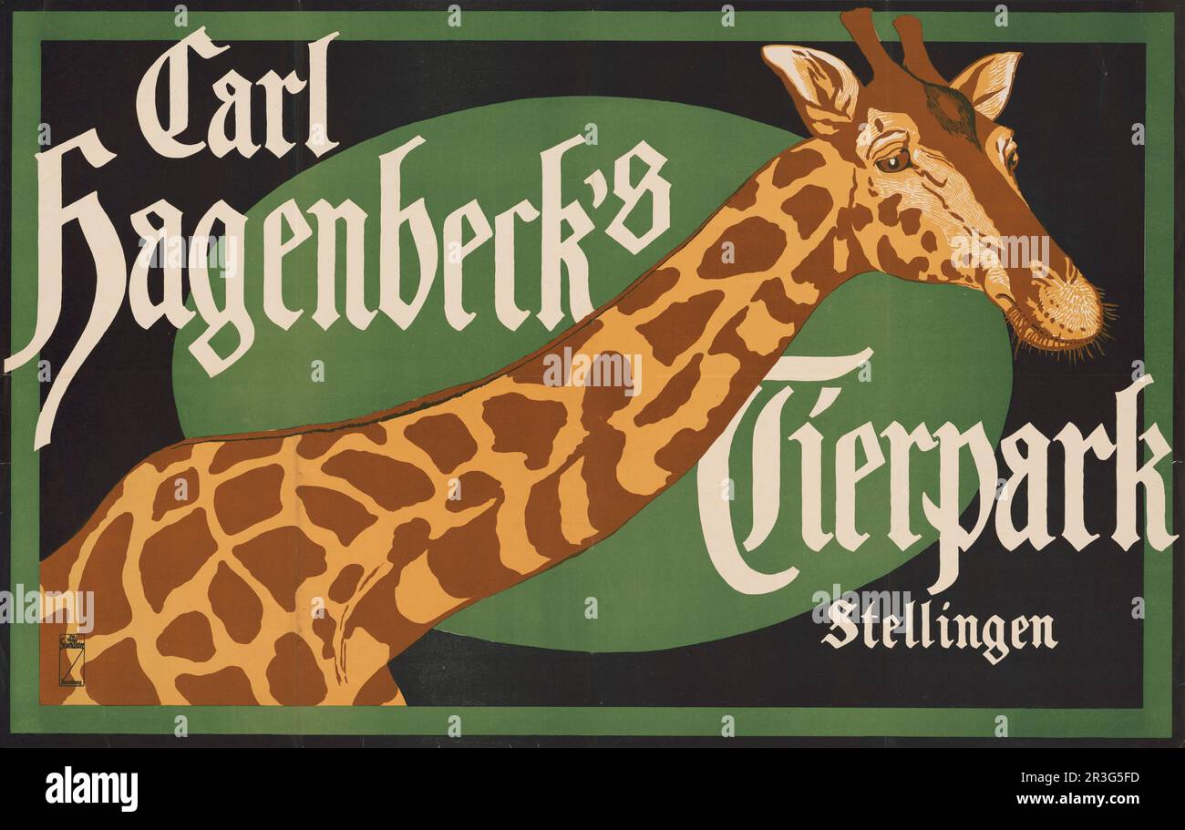 Vintage Carl Hagenbeck's Tierpark circus poster showing a giraffe, circa 1916. Stock Photo