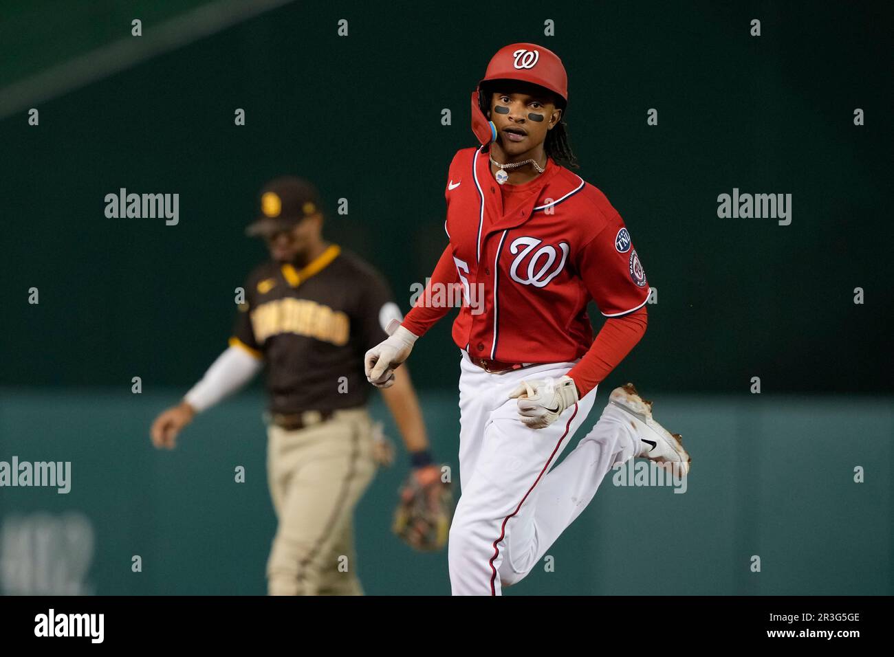 Washington Nationals' CJ Abrams rounds bases after hitting a two-run homer  during the fifth inning of a baseball game against the San Diego Padres in  Washington, Tuesday, May 23, 2023. (AP Photo/Manuel