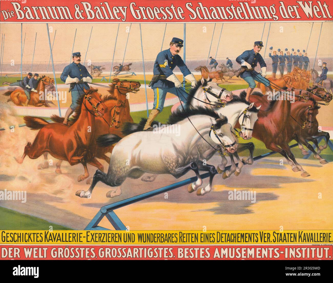 Vintage German Barnum & Bailey circus poster of men in military uniforms racing horses around a track, circa 1900. Stock Photo