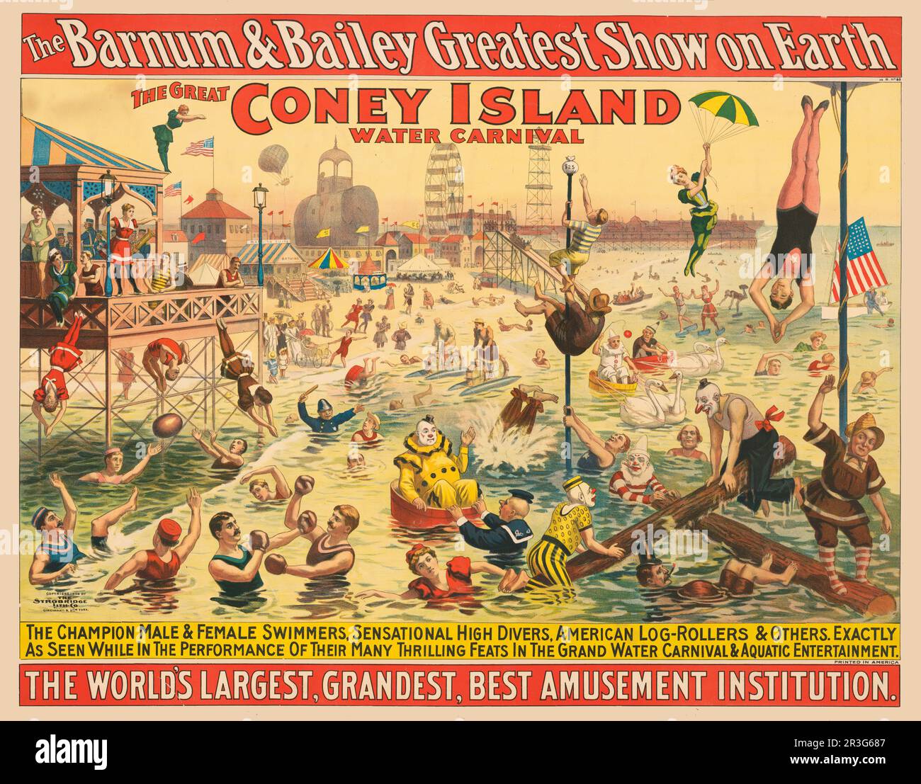 Vintage Barnum & Bailey circus poster showing people in costumes performing at the beach, circa 1898. Stock Photo