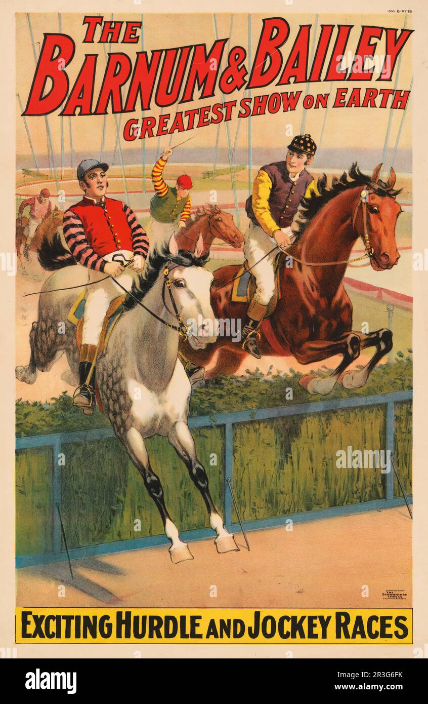 Vintage Barnum & Bailey circus poster showing jockeys on horses jumping