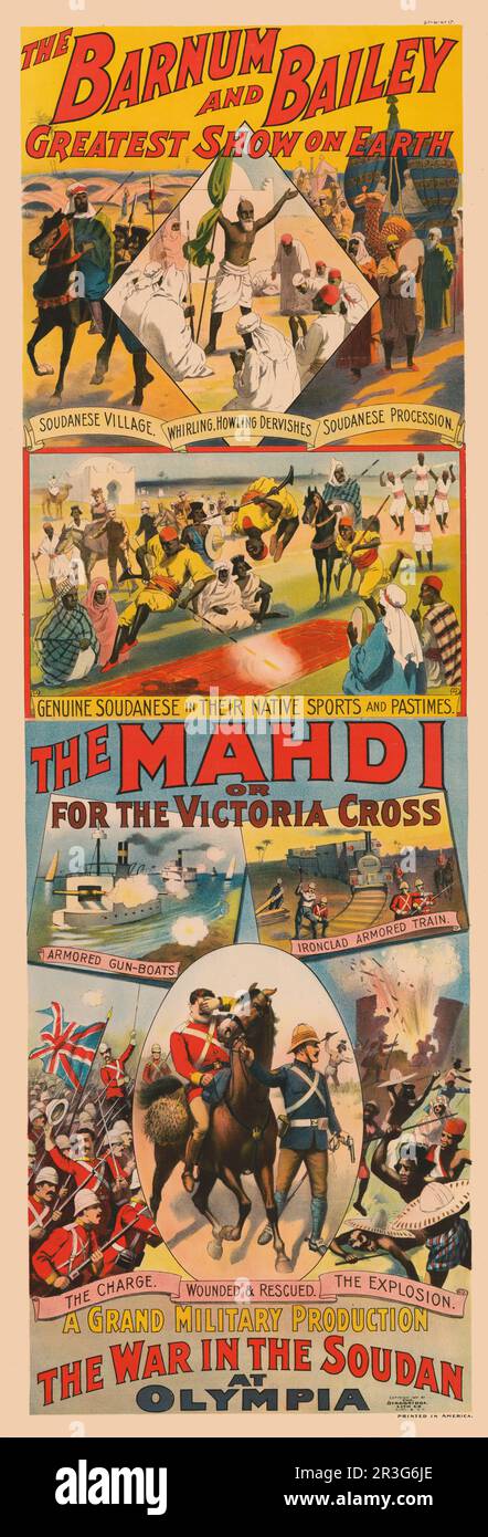 Vintage Barnum & Bailey circus poster of The Mahdi, a grand military production. Stock Photo