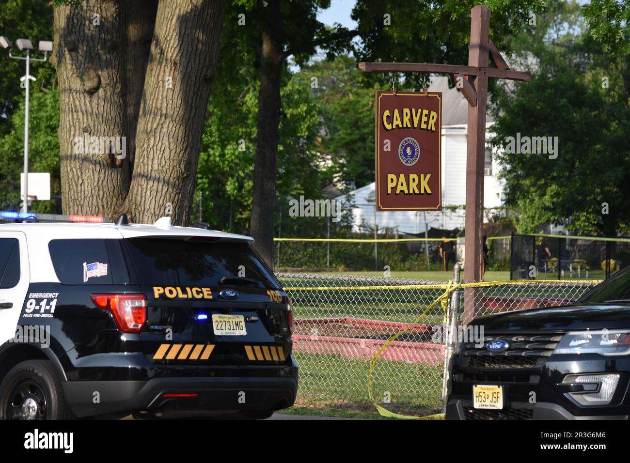 Hackensack, United States. 23rd May, 2023. Police officers close Carver