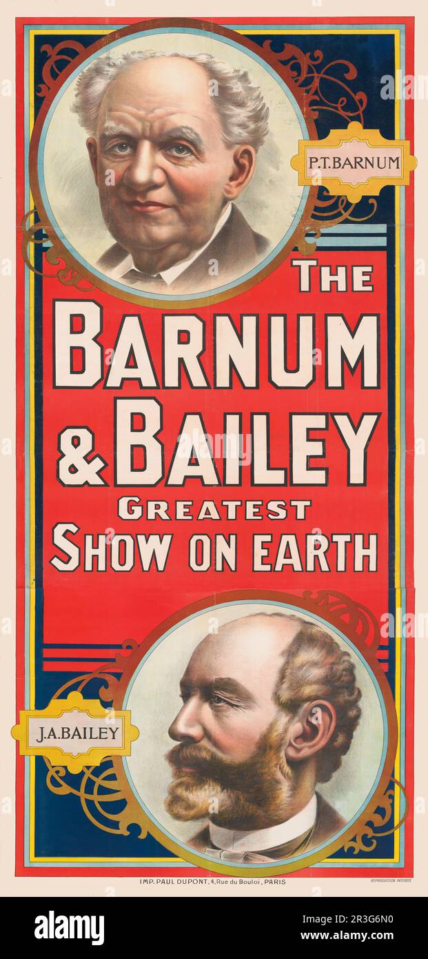 Vintage circus poster showing portraits of Barnum and Bailey Stock ...