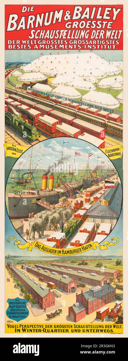 Vintage Barnum & Bailey circus poster showing circus at railroad yard, at harbor, and in winter quarters, circa 1900. Stock Photo