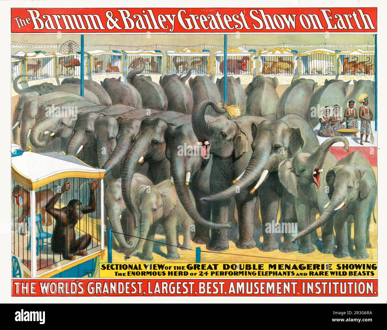 Vintage Barnum & Bailey circus poster showing elephants and animals in cages, circa 1895. Stock Photo