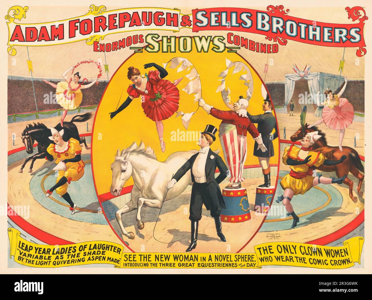 Vintage Adam Forepaugh & Sells Brothers circus poster showing women performers and clowns, circa 1896. Stock Photo