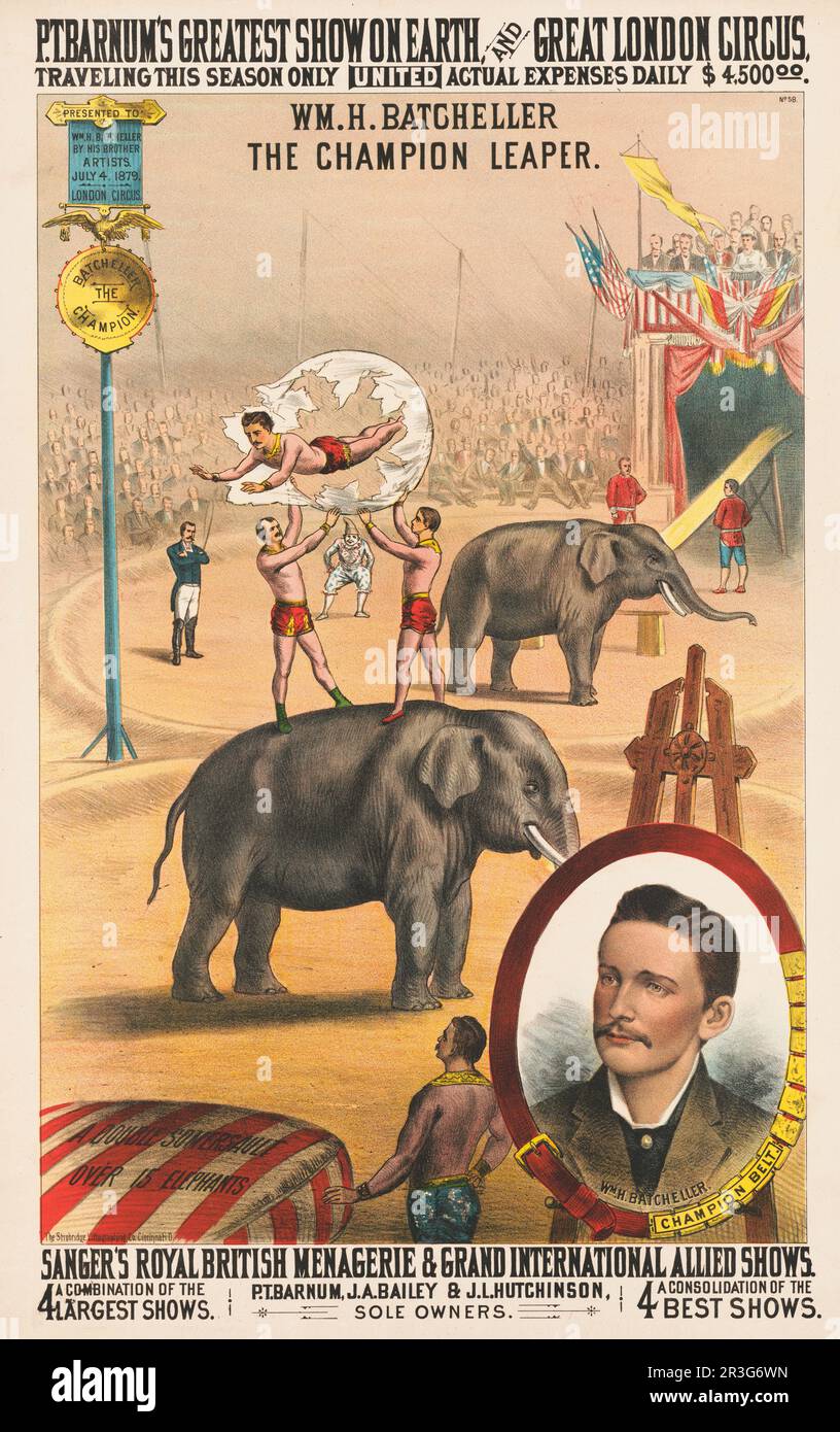 Vintage P.T. Barnum's circus poster showing William H. Batcheller jumping through a hoop over an elephant, with portrait in lower right. Stock Photo