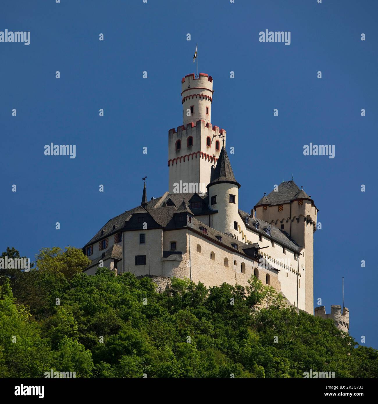 Marksburg, hilltop castle on the Middle Rhine, Braubach, Rhineland-Palatinate, Germany, Europe Stock Photo