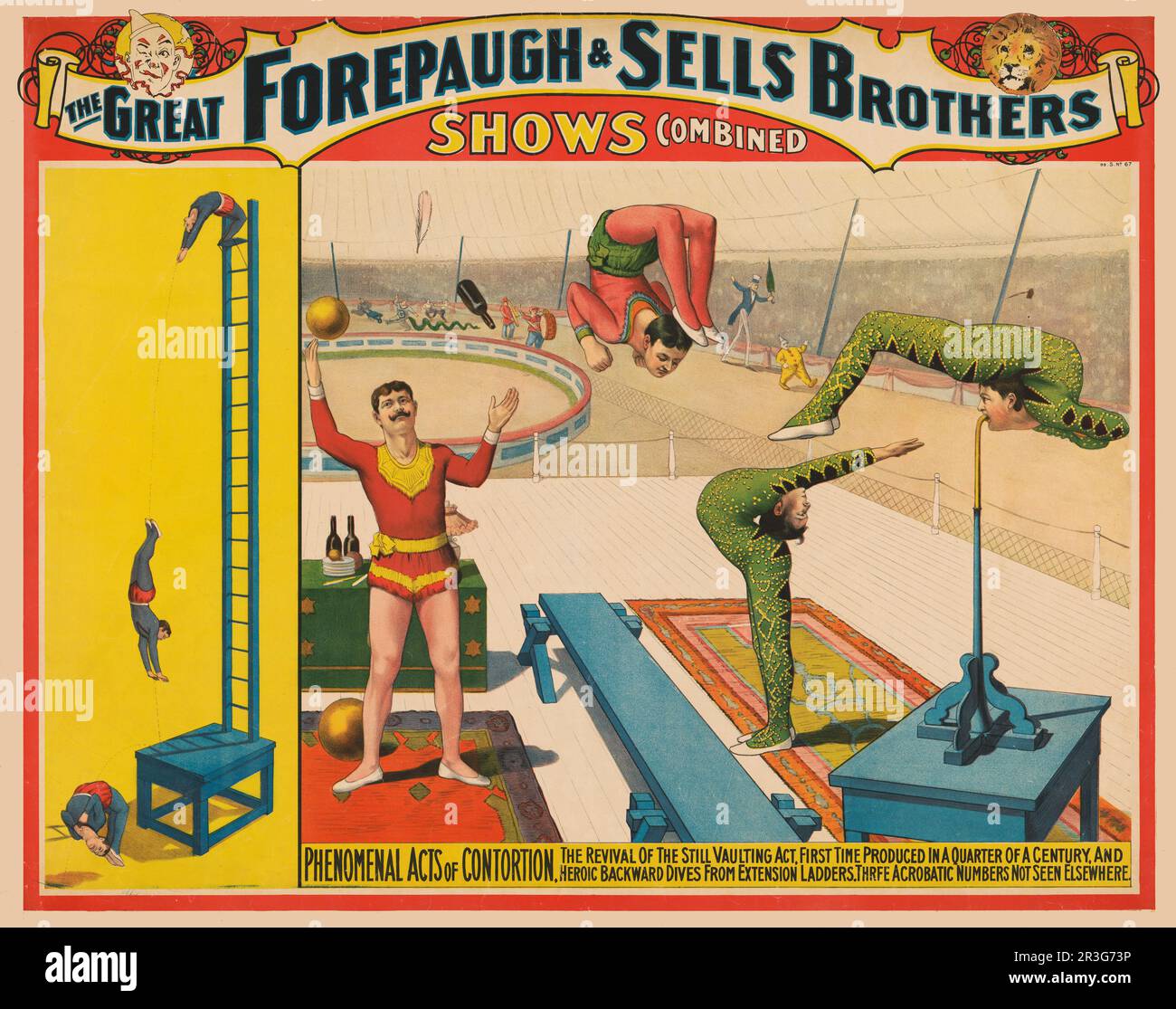 Vintage Adam Forepaugh and Sells Brothers circus poster showing a juggler and contortionists performing acts, circa 1899. Stock Photo
