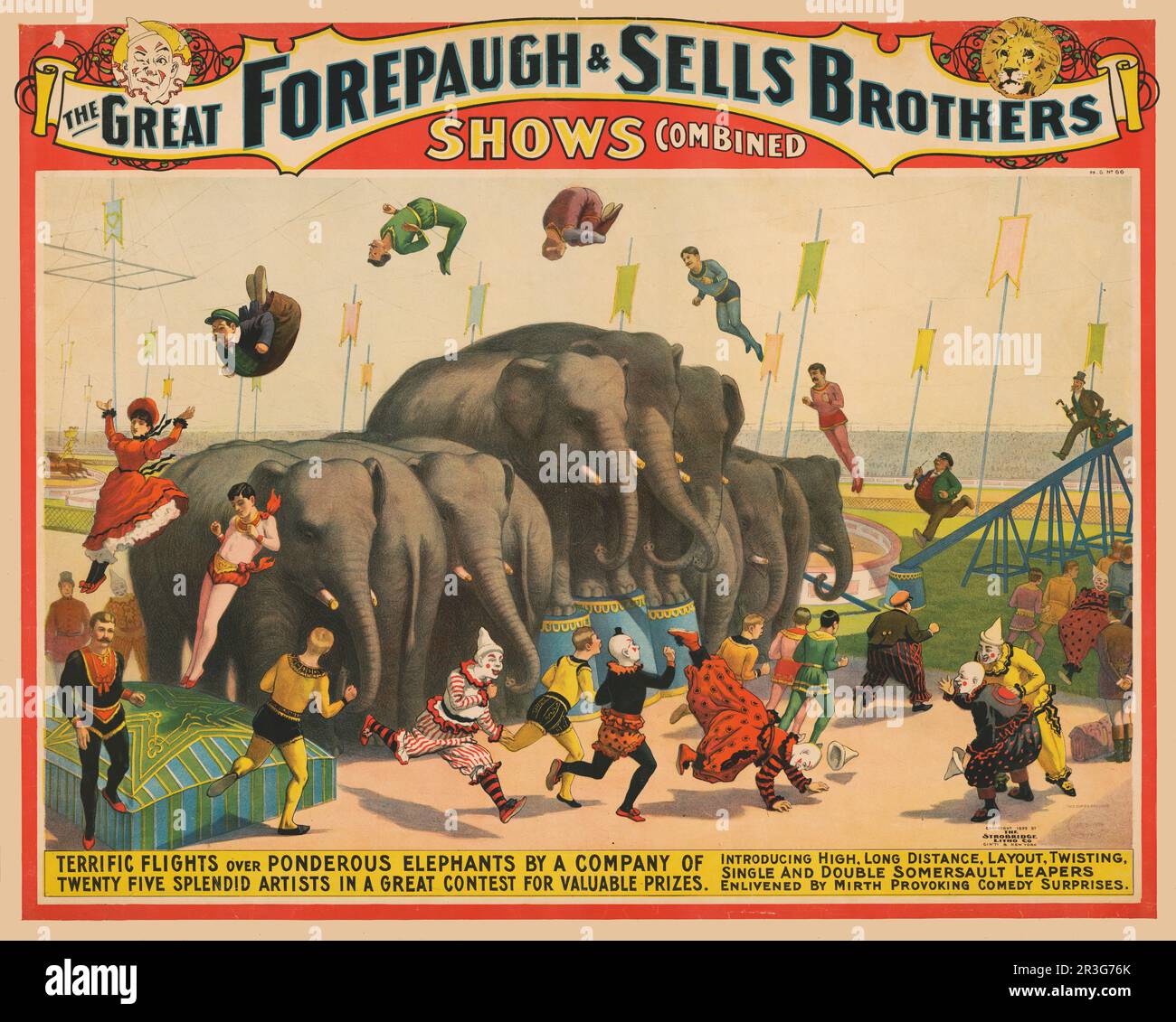 Vintage Forepaugh & Sells Brothers circus poster showing acrobats jumping over elephants, circa 1899. Stock Photo