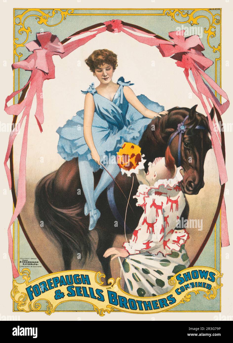 Vintage Forepaugh & Sells Brothers circus poster showing clown handing flowers to a woman on horseback, circa 1899. Stock Photo