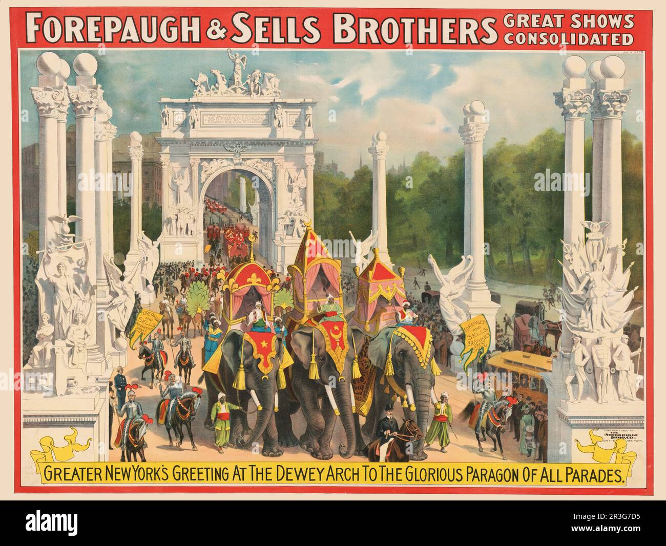 Vintage Forepaugh and Sells Brothers circus poster shows a circus parade going through Dewey Arch, circa 1900. Stock Photo