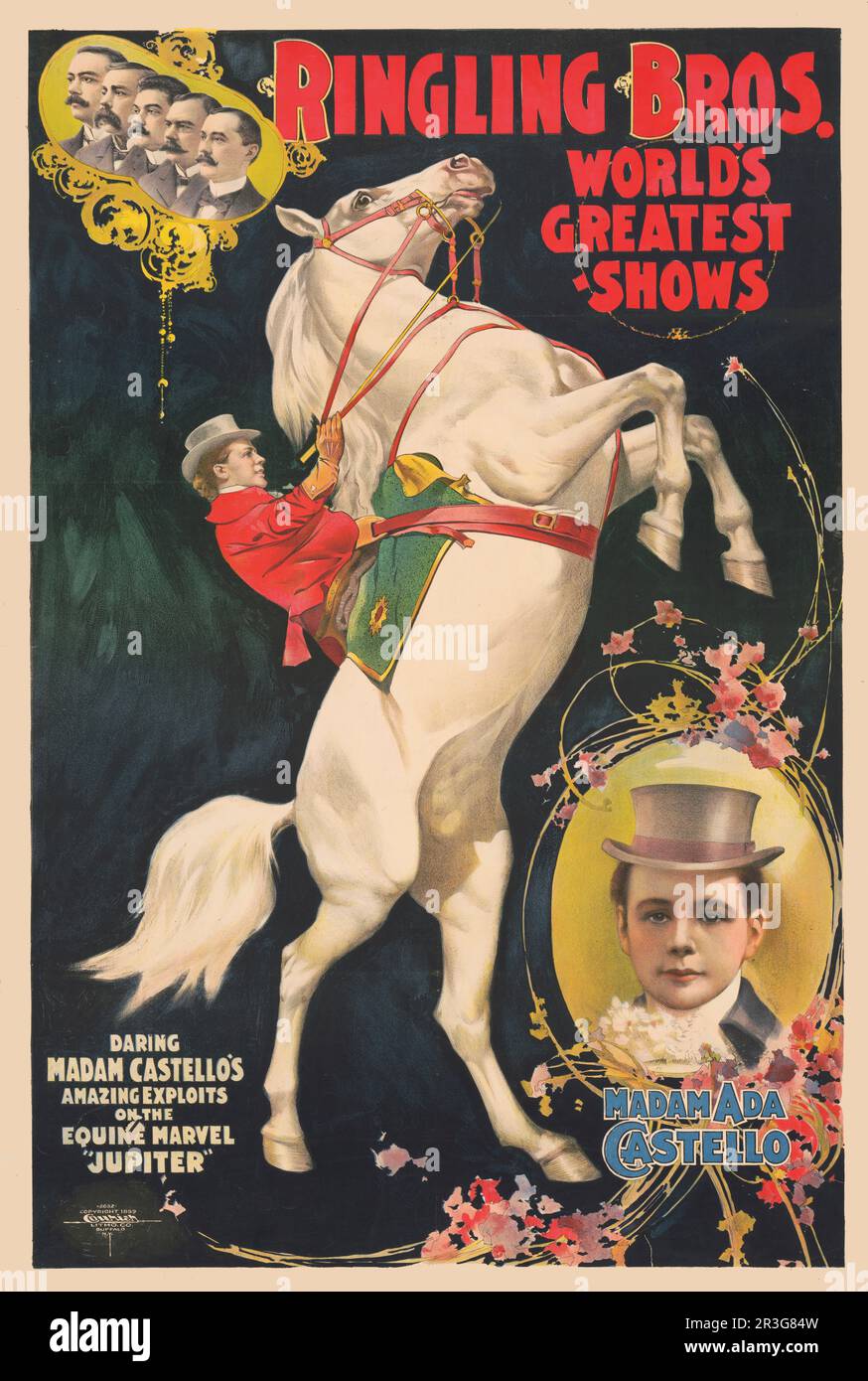 Vintage Ringling Brothers circus poster showing Madam Ada Castello on a rearing horse, circa 1899. Stock Photo