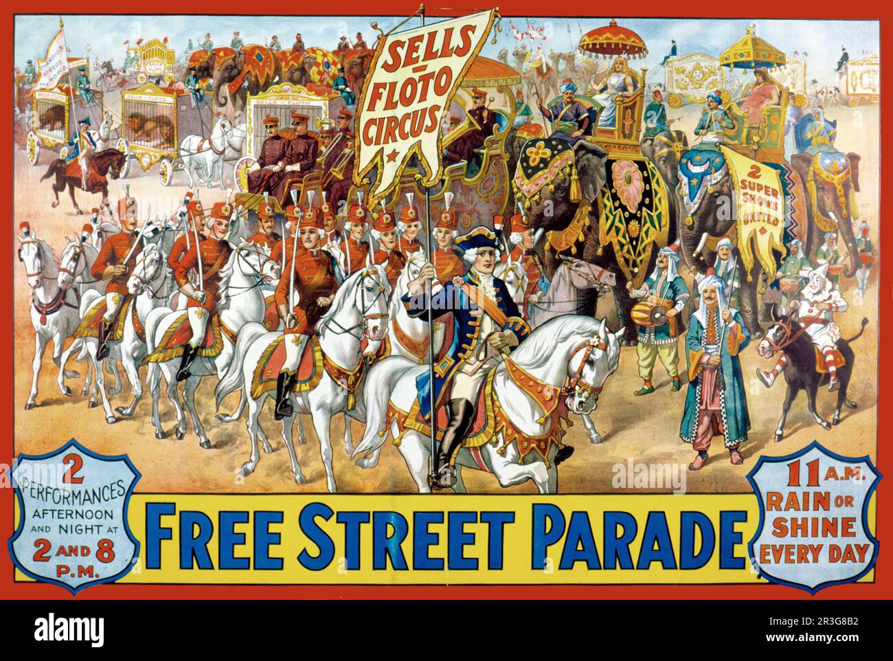 Lithograph poster advertising the upcoming street parade of the Sells-Floto Circus. Stock Photo