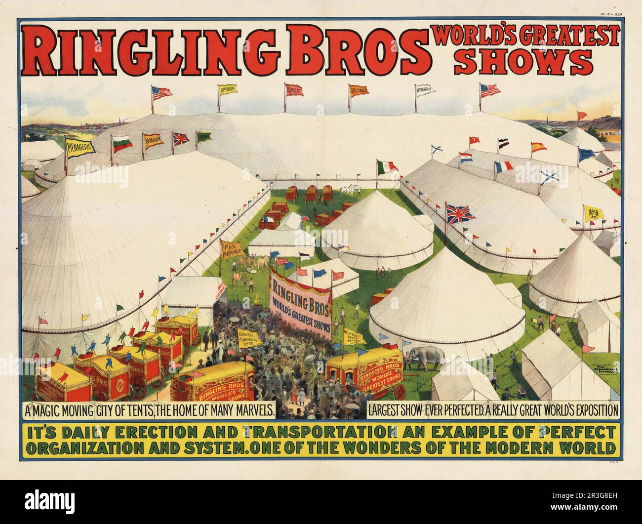 Lithograph poster advertising the Ringling Bros. Circus, circa 1913. Stock Photo