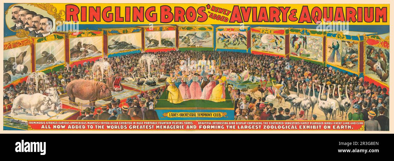 Vintage Ringling Brothers circus poster with various zoological exhibits and a ladies' orchestra at center, circa 1898. Stock Photo