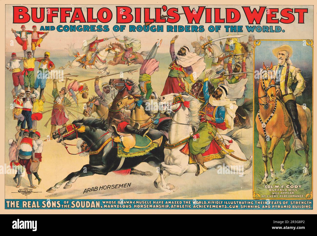 Vintage Buffalo Bill's Wild West circus poster showing an Arab horsemen performing on horseback, circa 1899. Stock Photo